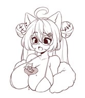 drawing monochrome large_breasts cleavage glasses smiling shrunken_man ahoge no_background hair_clip between_breasts omaoti