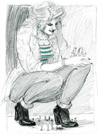 drawing gentle crush long_hair clothed cleavage boots kneeling shrunken_people looking_down bug hat