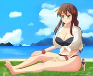 drawing blushing color long_hair cleavage huge_breasts brunette sitting shrunken_woman outdoors thick_thighs bare_midriff