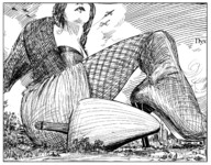 drawing giantess city monochrome long_hair buildings boots sitting airplane fishnets outdoors ink nyx colossal