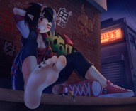 drawing feet horns color clothed toes barefoot cleavage soles anime demon low_angle smiling succubus sitting oni shrunken_man outdoors choker monster_girl converse winking steam looking_at_tiny pointed_ears multicolored_hair thunderafterdark discarded_footwear