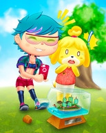 drawing blushing anthro color clothed crossover blue_hair smiling short_hair surprised phone bottle shrunken_people looking_down open_mouth standing boats outdoors isabelle animal_crossing photographing sweat_drop bare_midriff micwhyss cyberpunk