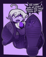 drawing white_hair crush monochrome blood low_angle gore boots unaware shrunken_woman point_of_view boot_crush purple_skin mspaintgts va11halla dana_zane