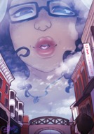 drawing giantess giga horns color cleavage buildings glasses brunette low_angle smiling town looming looking_down dark_skin sky curly_hair jewelry freckles sheela point_of_view looking_at_viewer