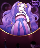 drawing color clothed anime purple_hair low_angle smiling story pigtails looming shrunken_woman shrunken_man looking_down bowl sheela looking_at_tiny pale_skin fate/grand_order fate_(series) wu_zetian