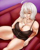 drawing white_hair color large_breasts cleavage short_hair sitting shrunken_man ahoge necklace thick_thighs skimpy_clothing between_breasts swgtsdrawing