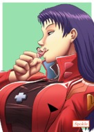 drawing color large_breasts long_hair tongue clothed licking handheld purple_hair kissing neon_genesis_evangelion shrunken_man teasing necklace no_background spokle misato_katsuragi