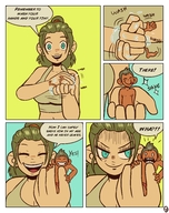 drawing comic color clothed handheld smiling story ponytail surprised shrunken_man cleaning washing dialogue panels sound_effects looking_at_tiny newother
