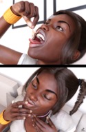 vore comic tongue clothed high_angle smiling pigtails shrunken_man open_mouth dangle dark_skin jewelry panels digital_render vorifax