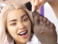 feet blonde toes soles stockings smiling shrunken_men open_mouth between_toes under_foot in_stocking braces in_socks looking_at_tiny digital_render vorifax