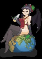drawing earth giga black_hair color planet butt_crush anime red_eyes smiling unknown_artist sitting black_eyes fangs drinking apron thigh_highs bat_wings legs_crossed bangs skimpy_clothing sitting_on_planet corona-chan