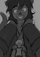 drawing furry cat monochrome clothed crying low_angle smiling scared unknown_artist looming between_legs shrunken_man sketch looking_down sharp_teeth looking_at_tiny