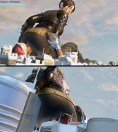 giantess city black_hair butt armor clothed buildings low_angle gloves red_hair lying_down sitting lesbians giantesses dark_skin facesitting looking_back panels under_butt digital_render hair_buns pale_skin villmenn apex_legends wraith lifeline