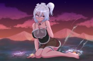 drawing giantess white_hair blushing giga city color destruction barefoot ponytail short_hair sitting outdoors himacutee