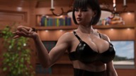black_hair large_breasts clothed handheld cleavage short_hair kneeling worship shrunken_man leather bdsm bangs skimpy_clothing bowing looking_at_tiny digital_render kryptonlives