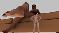 nipples nude feet large_breasts toes soles low_angle smiling sitting underboob looming shrunken_man looking_down dark_skin legs_crossed looking_at_tiny digital_render riojafan