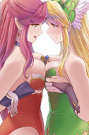 drawing gentle blonde color large_breasts cleavage pink_hair red_hair shrunken_men hawkeye riesz video_game earrings angela no_background looking_at_tiny between_breasts mizuno seikan_densetsu duran ミズノ