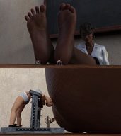 feet black_hair toes barefoot soles glasses underwear domination smiling bondage foot_worship teacher shrunken_woman cruel dark_skin curly_hair foot_slave classroom panels on_table raised_feet digital_render psychedelicshack