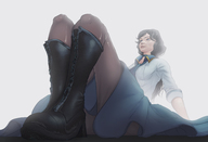 drawing upskirt black_hair color long_hair butt blue_eyes clothed dress boots sitting nylons unaware shrunken_man thighs commission no_background bioshock_infinite bioshock elizabeth_comstock theproky jodthecod