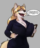 drawing furry tail anthro blonde color long_hair blue_eyes clothed cleavage huge_breasts walking kitsune shrunken_man teasing inside_clothing dialogue business_suit sharp_teeth poking t-bone clipboard no_background bra_entrapment robomax clothing_entrapment between_breasts lira lirakitsune lira13 terry_(t-bone)