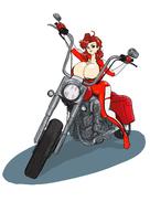 drawing color long_hair huge_breasts red_hair sitting shrunken_man motorcycle no_background skintight_clothing between_breasts matemo