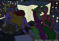 drawing giantess city alien blonde color large_breasts long_hair destruction clothed cleavage high_heels green_hair red_hair blue_skin giantesses outdoors necklace purple_skin sharp_teeth red_skin green_skin antennae alternate_dimensions