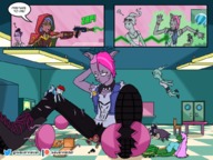 drawing growth giantess destruction cat_ears pink_hair short_hair fanart cat_girl indoors monster_girl cramped sayerraider