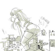 drawing giantess mega monochrome long_hair butt destruction butt_crush boots shorts town bubimum