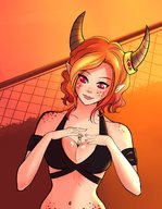 drawing gentle horns color cleavage smiling red_hair short_hair looking_down freckles pointed_ears bare_midriff between_breasts iam_mrz
