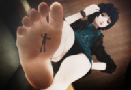 feet upskirt black_hair clothed toes barefoot soles anime low_angle short_hair foot_crush shrunken_man looking_down goth under_foot raised_foot stuck_to_foot persona digital_render pale_skin persona_5 tae_takemi karkaterium ren_amamiya