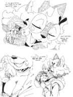 drawing furry blushing cat anthro monochrome handheld cleavage glasses sequence story short_hair shrunken_woman falling curly_hair between_fingers dialogue looking_at_tiny between_breasts kitkat_(ethan64) emmacat64