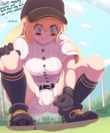 breasts drawing gentle giantess blonde color large_breasts long_hair tongue butt blue_eyes clothed purple_hair blue_hair shoes green_hair squatting uniform looming looking_down sports dialogue cap baseball_field baseball_cap baseball ncmares yohomeboync yohomeboyraps hand_on_knee basebal_bat