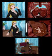 drawing vore blonde comic long_hair angry digestion ponytail fart looking_down swallowed inside_stomach ripped_clothing panels viruslex