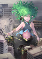 drawing giantess city color destruction helicopter elf green_hair long_ears bracelet bare_midriff psychic igara