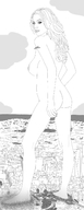 breasts drawing giantess nude feet city mega monochrome large_breasts long_hair butt destruction barefoot london jets looking_at_viewer
