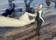 long_hair red_hair shrunken_woman indoors looking_back pinched digital_render