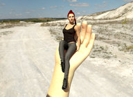 long_hair handheld red_hair ponytail sitting shrunken_woman outdoors digital_render