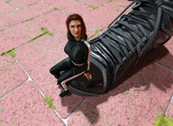 long_hair brunette sitting shrunken_woman on_shoe frowning digital_render