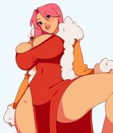 drawing blushing long_hair cleavage huge_breasts smiling pink_hair shrunken_man looking_down thick_thighs no_background hiacinthy