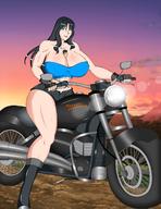 drawing giantess black_hair long_hair cleavage huge_breasts gloves sitting muscles shrunken_man motorcycle between_breasts lordkingu