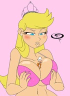 drawing blushing blonde color long_hair huge_breasts shrunken_man looking_down earrings no_background pursed_lips between_breasts chillguydraws