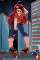 drawing giantess city color red_eyes red_hair looking_down pants bending_forward amber dakunart