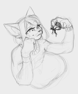 drawing furry cat anthro monochrome large_breasts clothed handheld high_angle shrunken_man sketch dangle sweater between_fingers looking_at_tiny perenthis