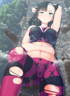 drawing giantess pokemon blushing city black_hair color destruction buildings anime punk high_angle lying_down unknown_artist looking_at_viewer ripped_clothing skimpy_clothing pale_skin marnie