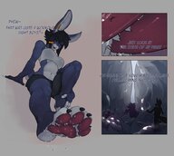 drawing feet furry anthro black_hair color clothed text bunny toes barefoot soles sweat low_angle smiling paws short_hair foot_worship sitting workout shrunken_people teasing looking_down between_toes under_foot foot_slave dialogue stuck_to_foot no_background cutaway kerneldecoy