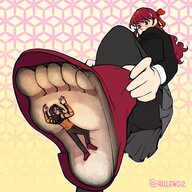 drawing feet blushing upskirt color long_hair clothed toes skirt soles anime low_angle insole in_shoe red_hair tights shrunken_man looking_down trapped dressing under_foot bow hair_bow raised_foot see_through persona persona_5 hollewdz kasumi_yoshizawa