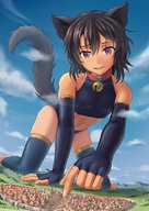 drawing giga city color destruction giant clothed barefoot anime brunette low_angle smiling gloves short_hair kneeling collar looking_down hand_crush finger_crush dark_skin all_fours thigh_highs aoigai debris skimpy_clothing femboy dog_boy