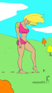 drawing giantess crush blonde color long_hair barefoot blood smiling foot_crush muscles walking looking_down running_away manacles bare_midriff worldwargts