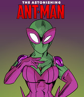 breasts drawing giantess mega color cleavage gloves shrunken_man mask costume ant-man hands_on_hips no_background marvel_comics beetle between_breasts sugmanoctavio3 scott_lang