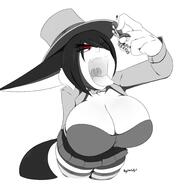 drawing panties vore monochrome black_hair large_breasts tongue butt clothed handheld cleavage saliva anime high_angle short_hair fangs shrunken_woman open_mouth dangle between_fingers thigh_highs wolf_girl striped_socks imminent_vore angelthecatgirl looking_at_tiny
